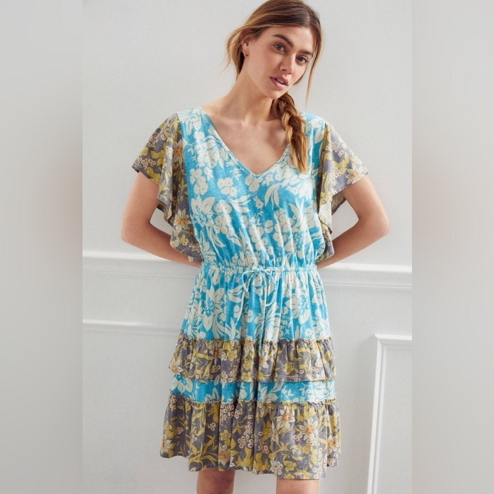 Anthropologie Blue and Gray Floral Mini Dress